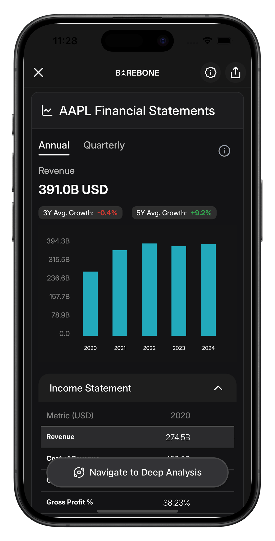 App screenshot - financials view