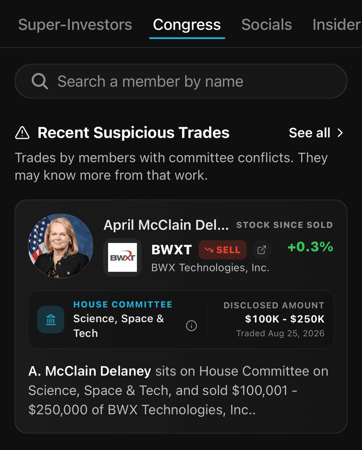 Barebone Explore Congress tab showing a suspicious trade by a House committee member