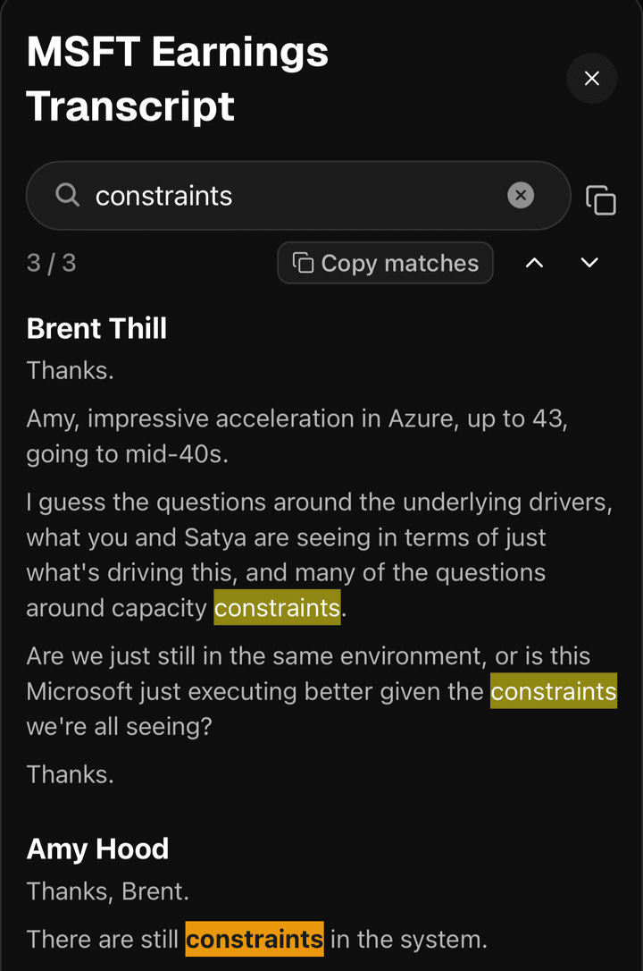 Barebone earnings transcript search for the word constraints with every match highlighted
